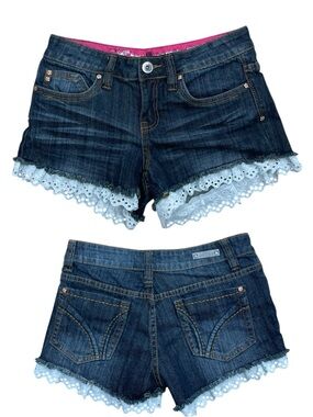 Dollhouse Jean Shorts 5 Indigo Low Rise Eyelet Lace Feminine Boho Y2K Festival